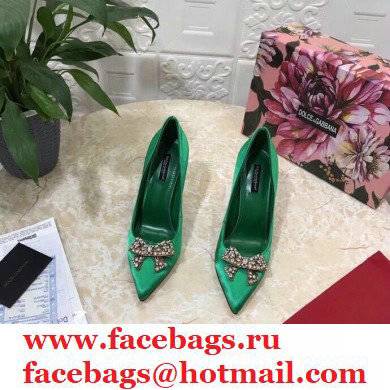 Dolce  &  Gabbana Heel 10.5cm Satin Pumps Green with Crystal Bow 2021